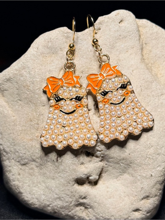 Hand Crafted Jewelry - 👻Handmade👻 Pearl-Embellished Orange Bow Ghost Earrings